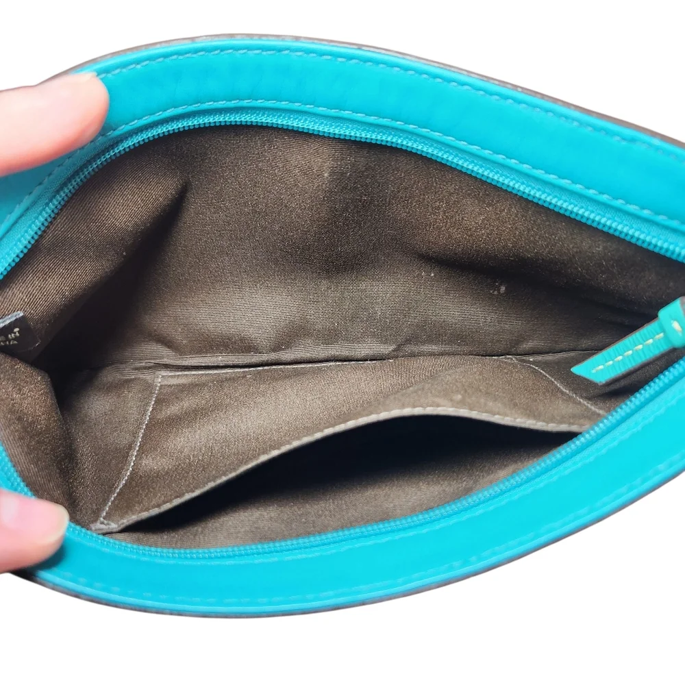 Coach Turquoise Teal‎ Oversized Wristlet Clutch Bag Patent Leather Wrist Strap